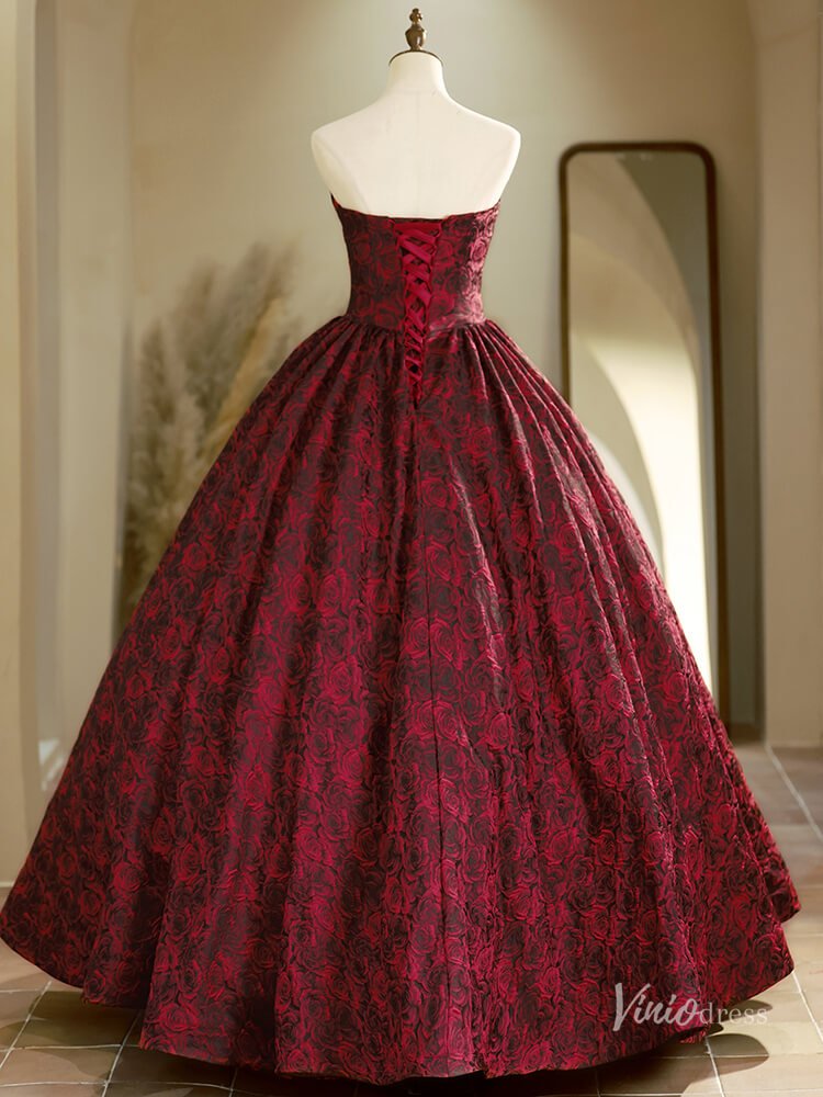 Strapless Burgundy Sweetheart Neck Prom Ball Gown Floral Jacquard Quinceanera Dresses BG019-prom dresses 2025 -Viniodress-Burgundy-Custom Size-