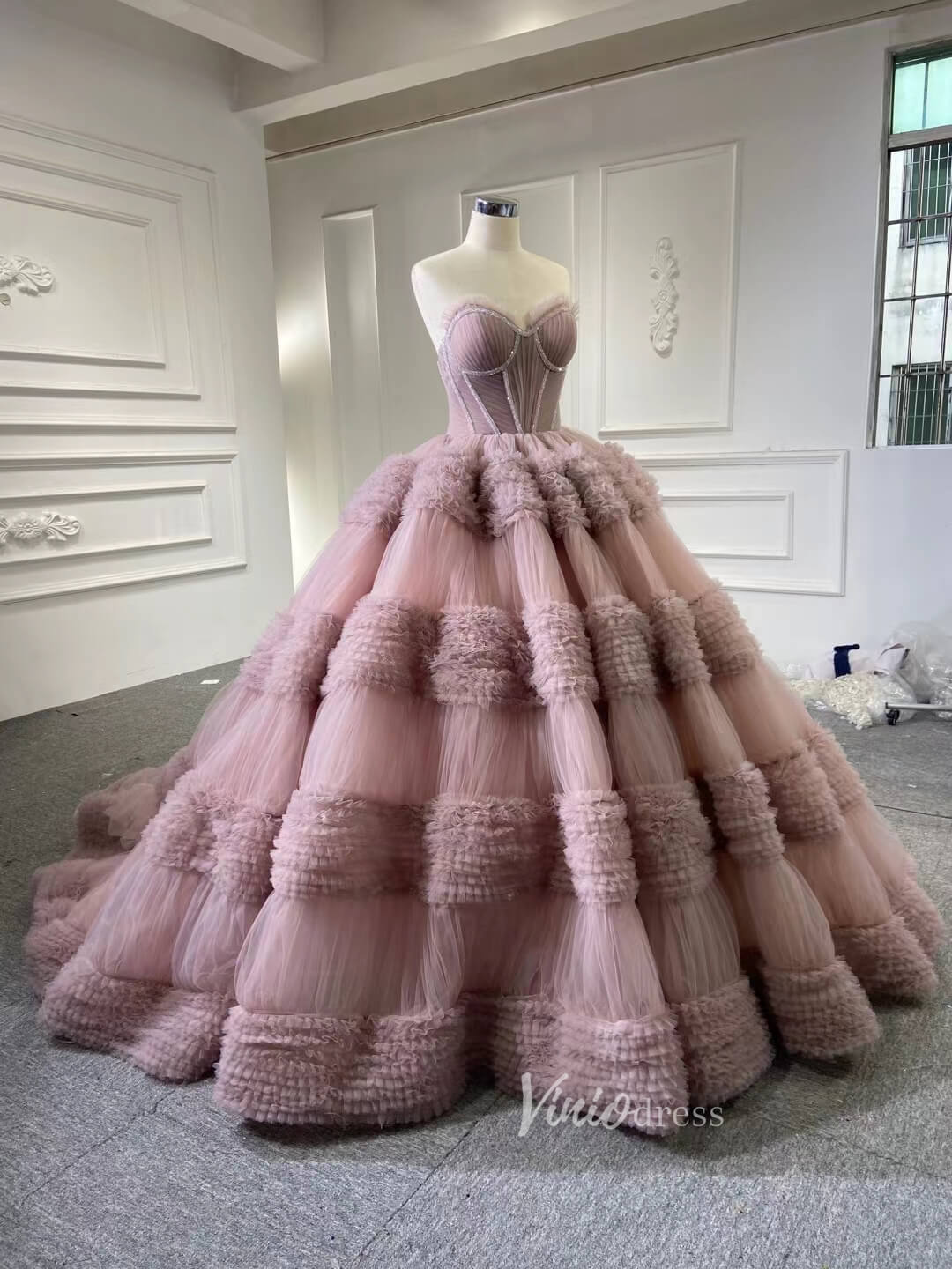 Strapless Celebrity Dress Tulle Sweet 16 Ball Gown Wedding Dresses 67372-wedding dresses 2025 -Viniodress-Mauve-Custom Size-
