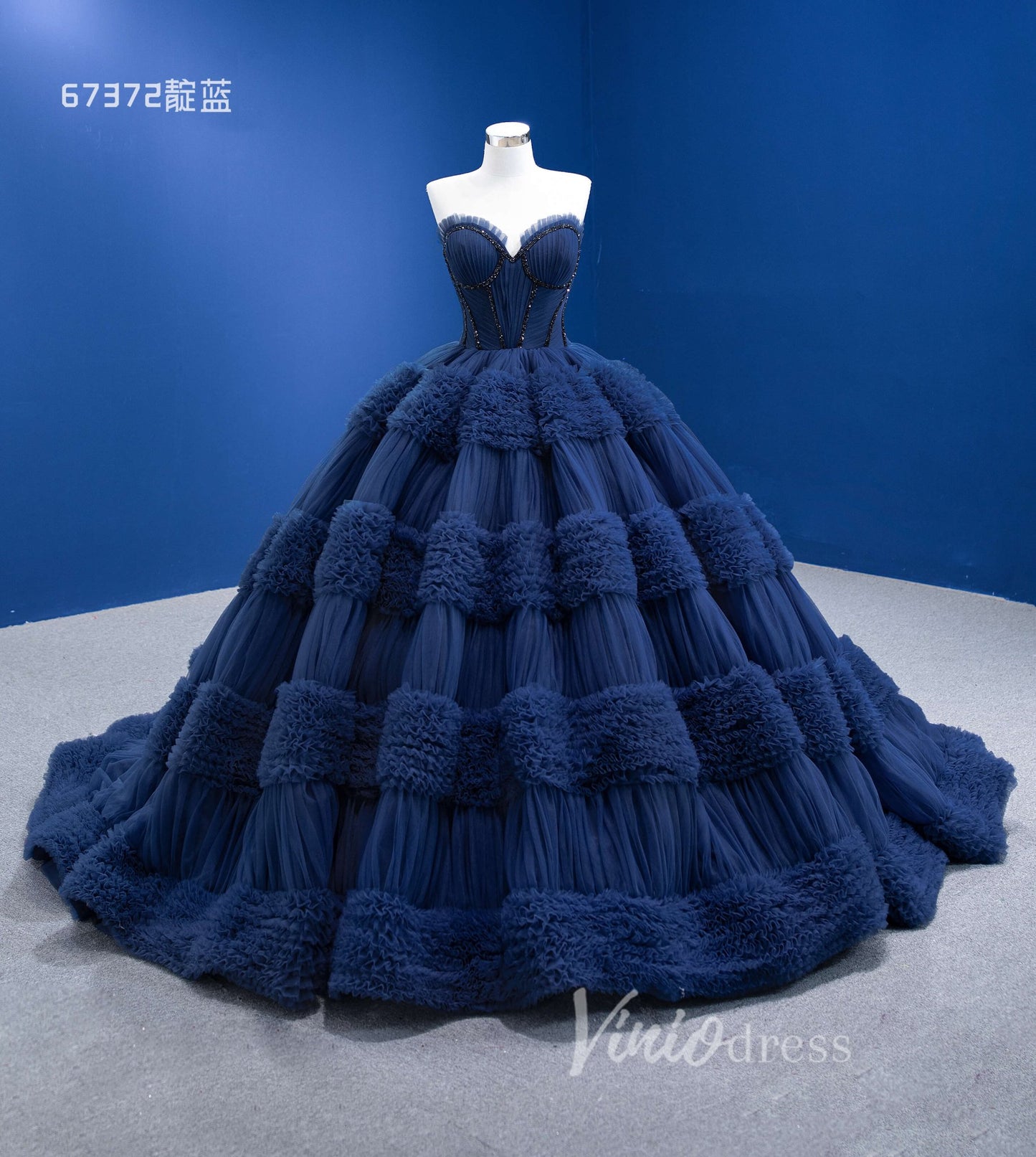 Strapless Celebrity Dress Tulle Sweet 16 Ball Gown Wedding Dresses 67372-wedding dresses 2025 -Viniodress-Navy Blue-Custom Size-