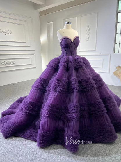 Strapless Celebrity Dress Tulle Sweet 16 Ball Gown Wedding Dresses 67372-wedding dresses 2025 -Viniodress-Purple-Custom Size-