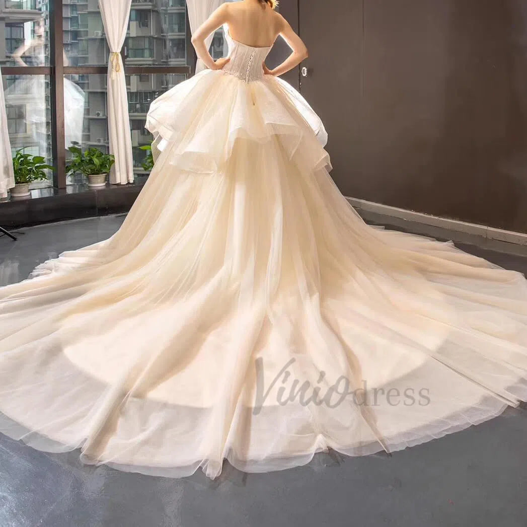 Strapless Champagne Cathedral Wedding Dresses VW1163-wedding dresses-Viniodress-Viniodress