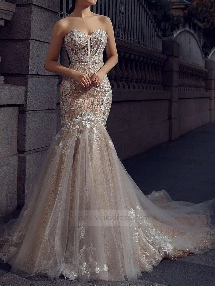 Strapless Champagne Mermaid Wedding Dresses with Long Train VW1004-wedding dresses-Viniodress-Viniodress