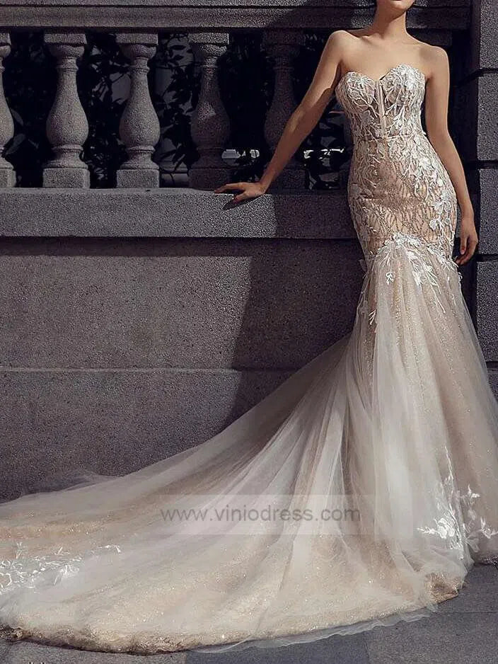 Strapless Champagne Mermaid Wedding Dresses with Long Train VW1004-wedding dresses-Viniodress-Viniodress