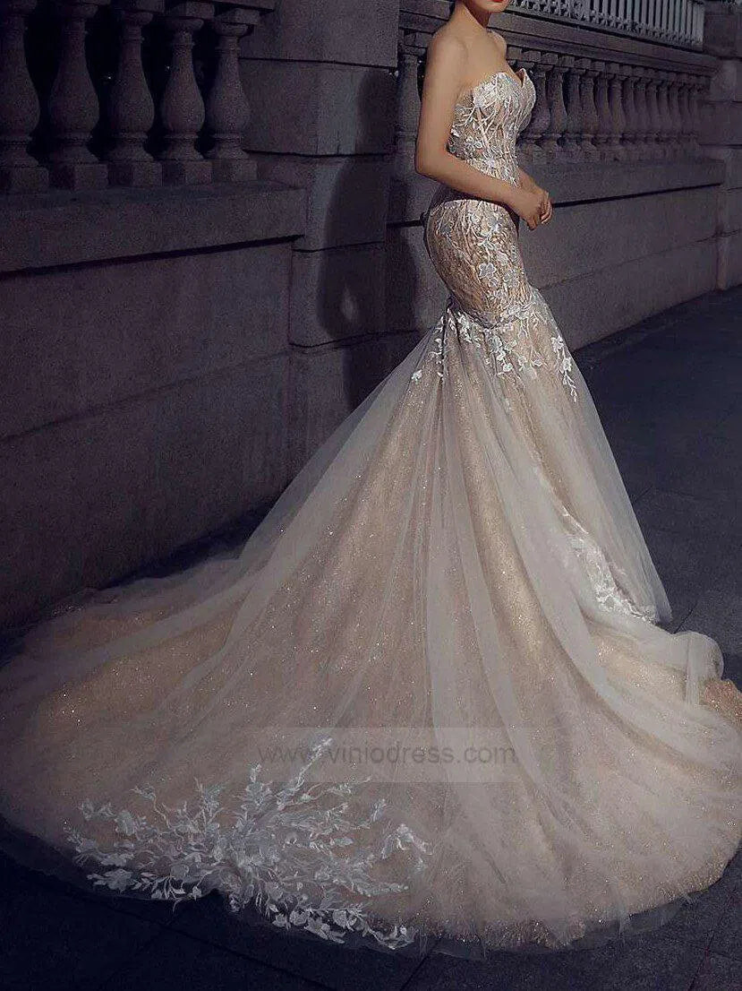 Strapless Champagne Mermaid Wedding Dresses with Long Train VW1004-wedding dresses-Viniodress-Viniodress