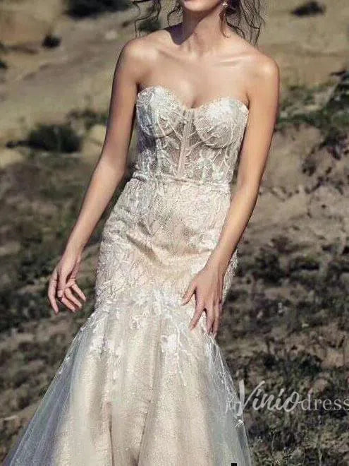 Strapless Champagne Mermaid Wedding Dresses with Long Train VW1004-wedding dresses-Viniodress-Viniodress