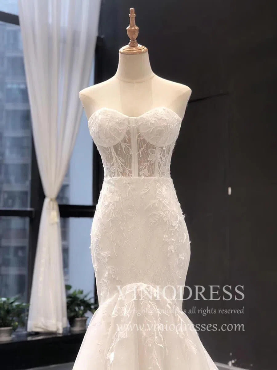 Strapless Champagne Mermaid Wedding Dresses with Long Train VW1004-wedding dresses-Viniodress-Viniodress