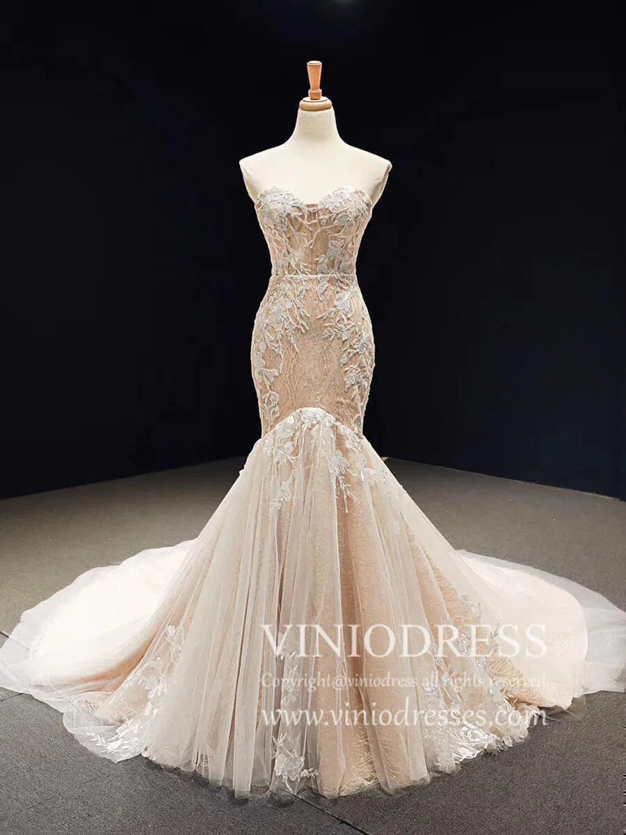 Strapless Champagne Mermaid Wedding Dresses with Long Train VW1004-wedding dresses-Viniodress-Viniodress