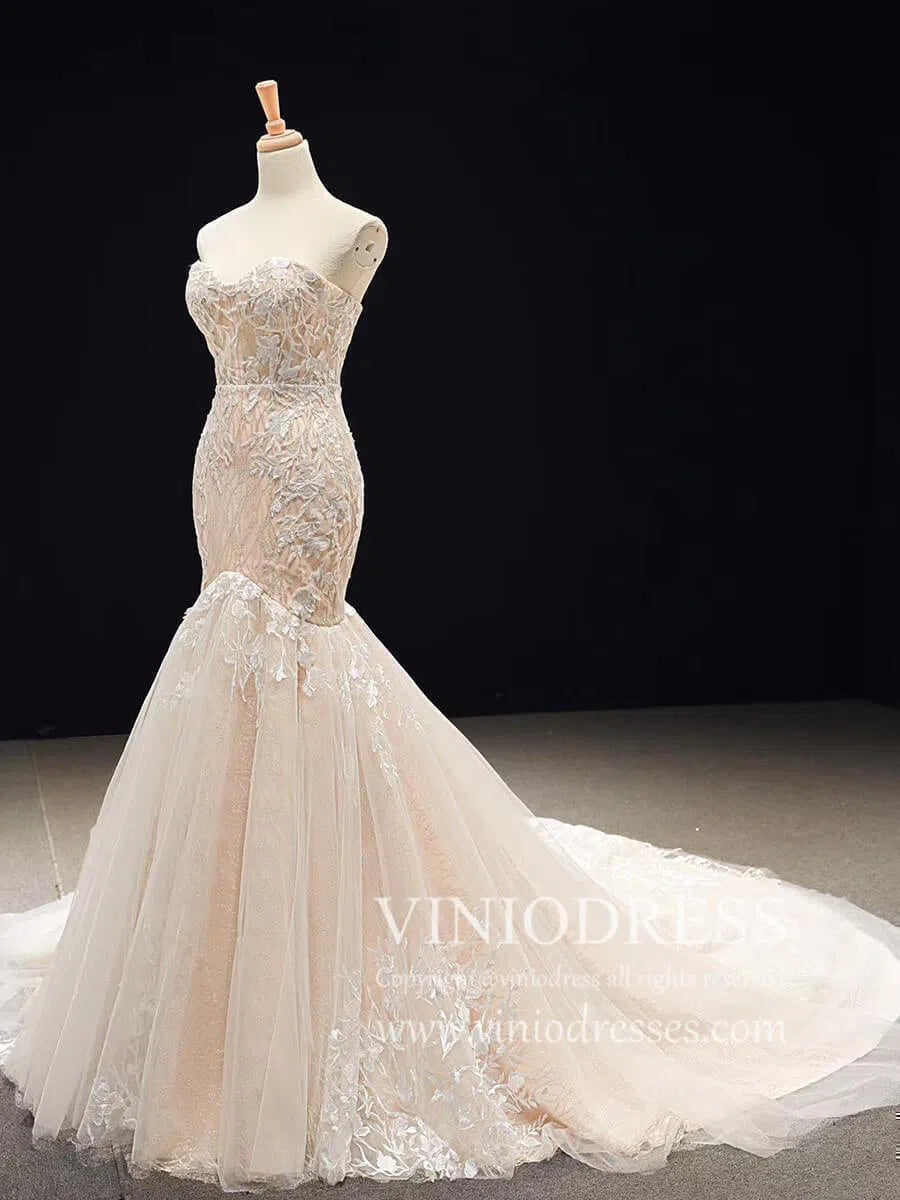 Strapless Champagne Mermaid Wedding Dresses with Long Train VW1004-wedding dresses-Viniodress-Viniodress