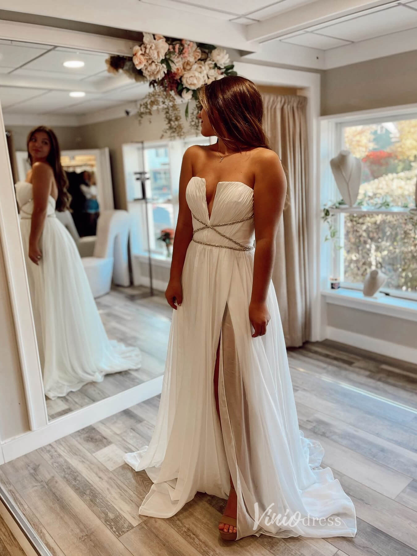 Strapless Chiffon Prom Dresses with Slit Pleated Bodice V-Neck FD3971-prom dresses 2025 -Viniodress-Purple-Custom Size-