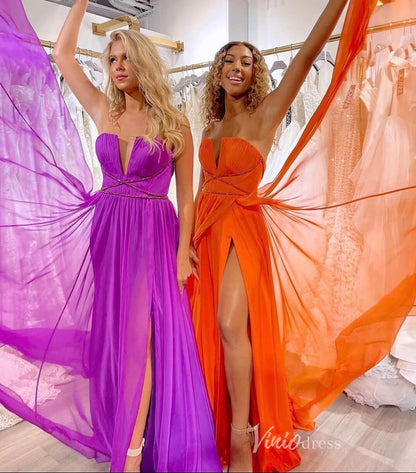 Strapless Chiffon Prom Dresses with Slit Pleated Bodice V-Neck FD3971-prom dresses 2025 -Viniodress-Purple-Custom Size-