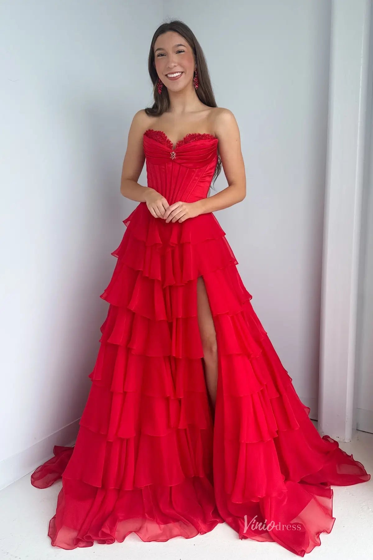 Strapless Chiffon Ruffled Prom Dress with Corset Bodice and Slit – FD6131-prom dresses 2026-Viniodress-Pink-Custom Size-