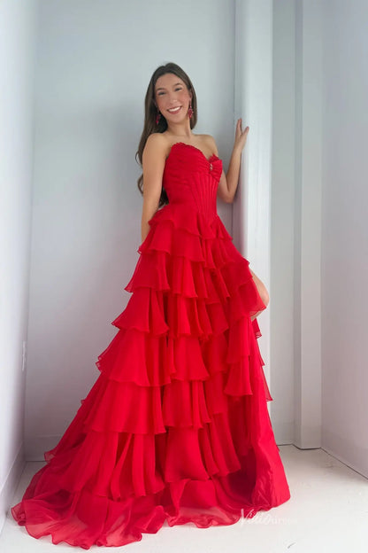 Strapless Chiffon Ruffled Prom Dress with Corset Bodice and Slit – FD6131-prom dresses 2026-Viniodress-Pink-Custom Size-