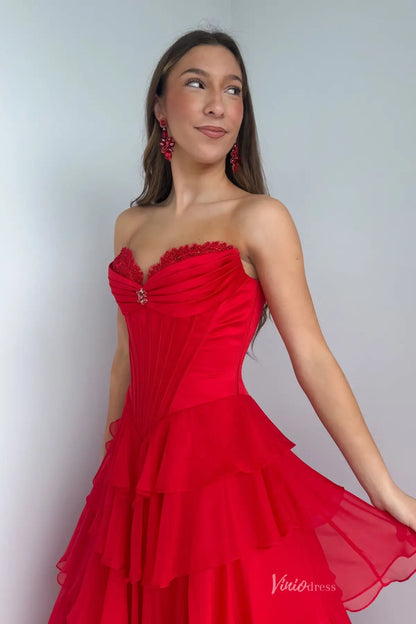 Strapless Chiffon Ruffled Prom Dress with Corset Bodice and Slit – FD6131-prom dresses 2026-Viniodress-Pink-Custom Size-