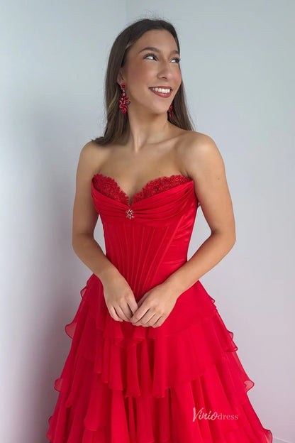 Strapless Chiffon Ruffled Prom Dress with Corset Bodice and Slit – FD6131-prom dresses 2026-Viniodress-Pink-Custom Size-