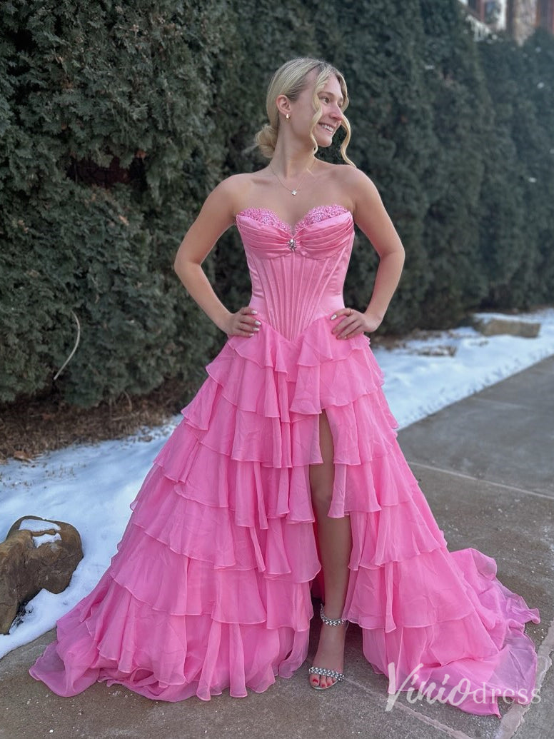 Strapless Pink Tiered Ruffle Formal Dress with Corset Bodice and Slit – FD6131-prom dresses 2025 -Viniodress-Pink-Custom Size-