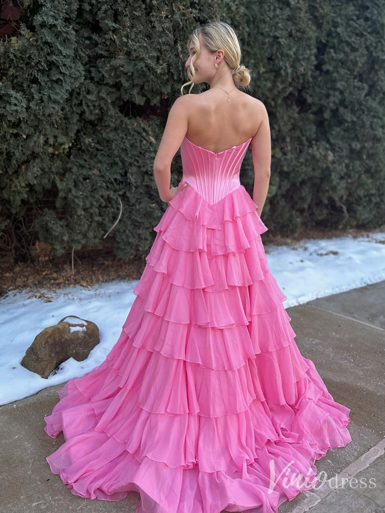 Strapless Pink Tiered Ruffle Formal Dress with Corset Bodice and Slit – FD6131-prom dresses 2025 -Viniodress-Pink-Custom Size-