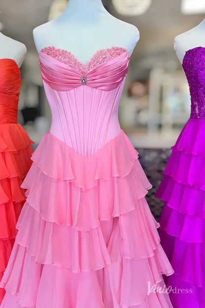 Strapless Chiffon Ruffled Prom Dress with Corset Bodice and Slit – FD6131-prom dresses 2026-Viniodress-Pink-Custom Size-