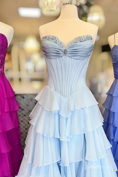 Strapless Chiffon Ruffled Prom Dress with Corset Bodice and Slit – FD6131-prom dresses 2026-Viniodress-Pink-Custom Size-