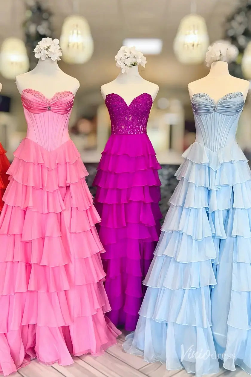 Strapless Chiffon Ruffled Prom Dress with Corset Bodice and Slit – FD6131-prom dresses 2026-Viniodress-Pink-Custom Size-