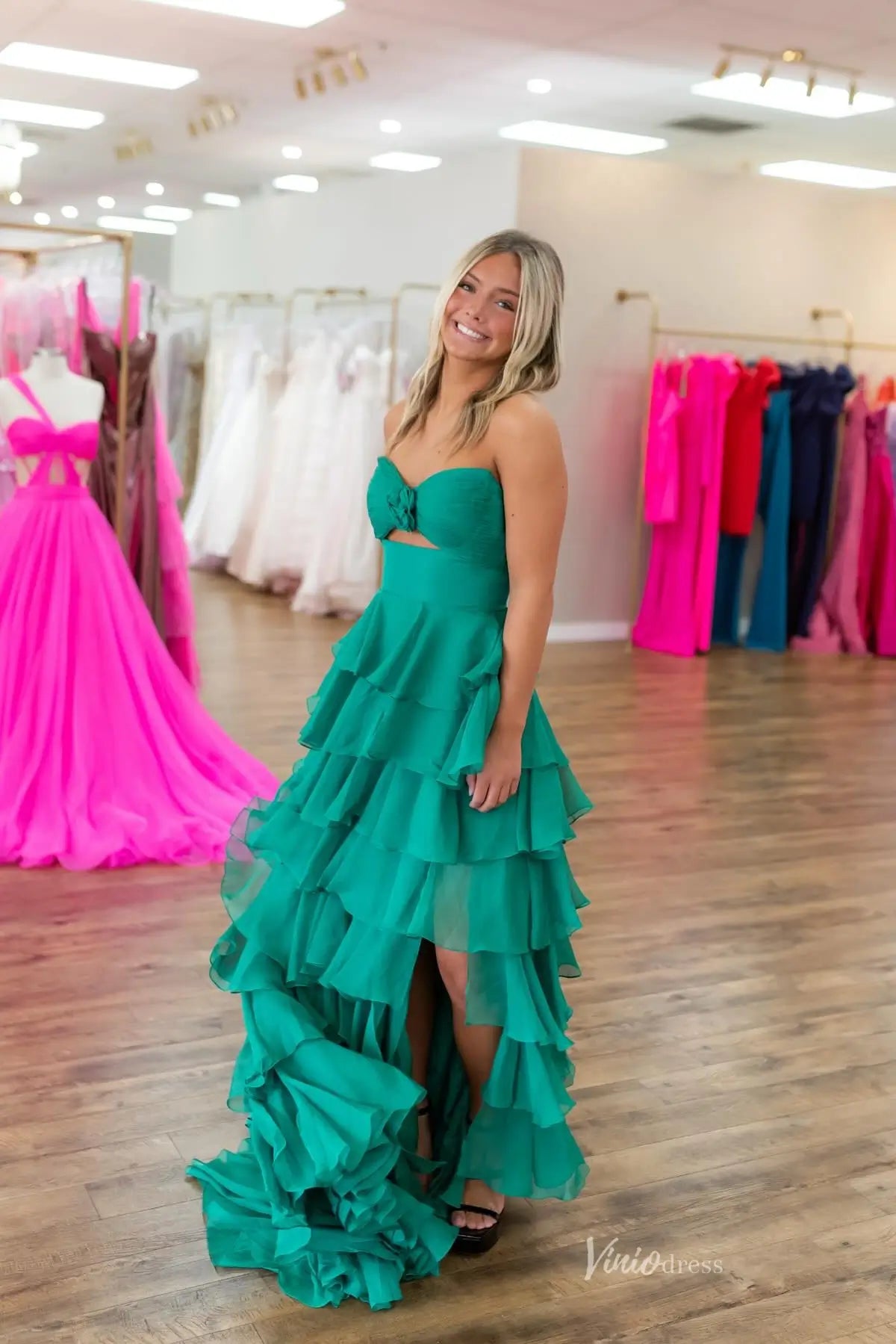 Strapless Chiffon Ruffled Prom Dresses with Skit & Sweetheart Neck RF317-prom dresses 2026-Viniodress-Blush-Custom Size-