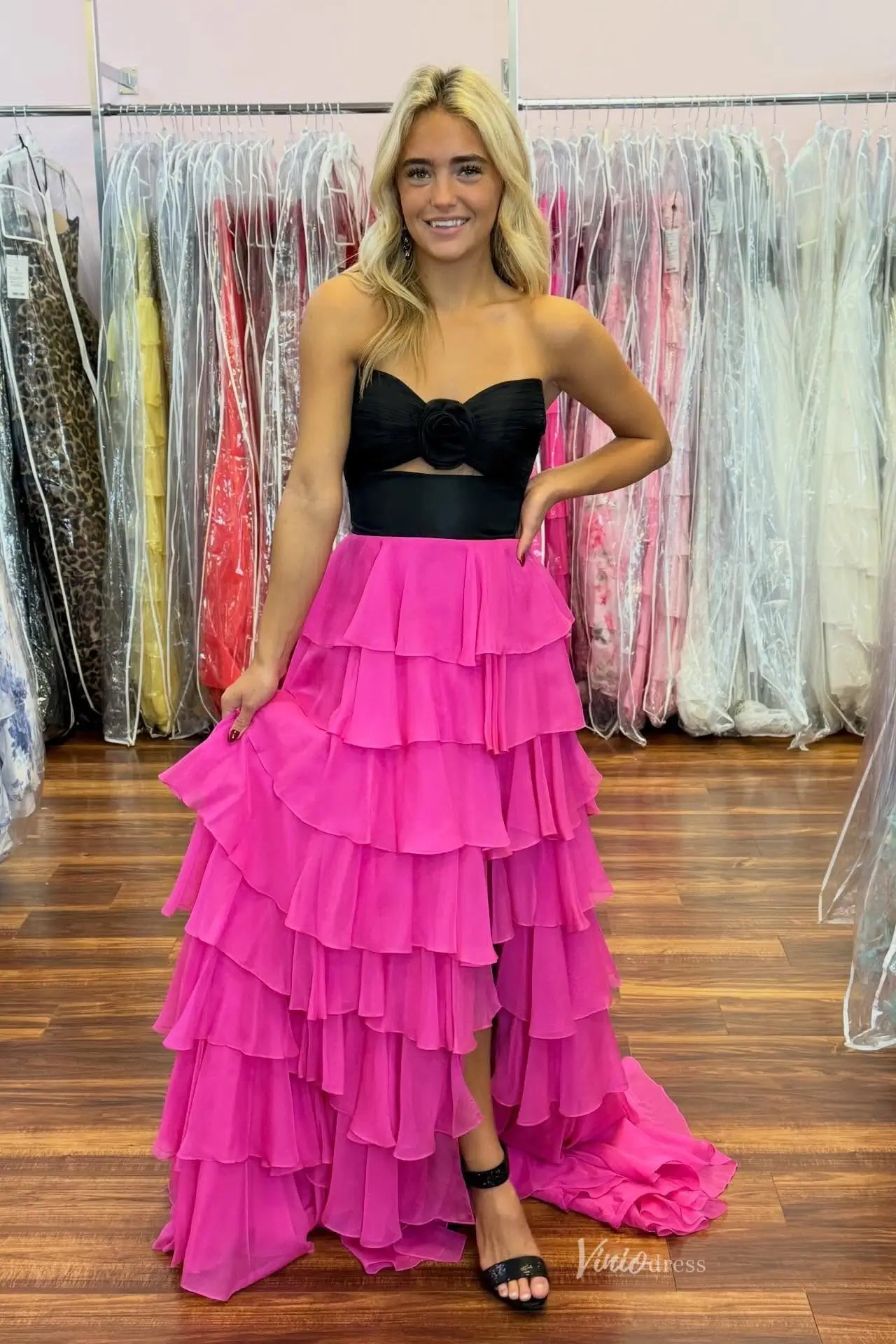 Strapless Chiffon Ruffled Prom Dresses with Skit & Sweetheart Neck RF317-prom dresses 2026-Viniodress-Blush-Custom Size-