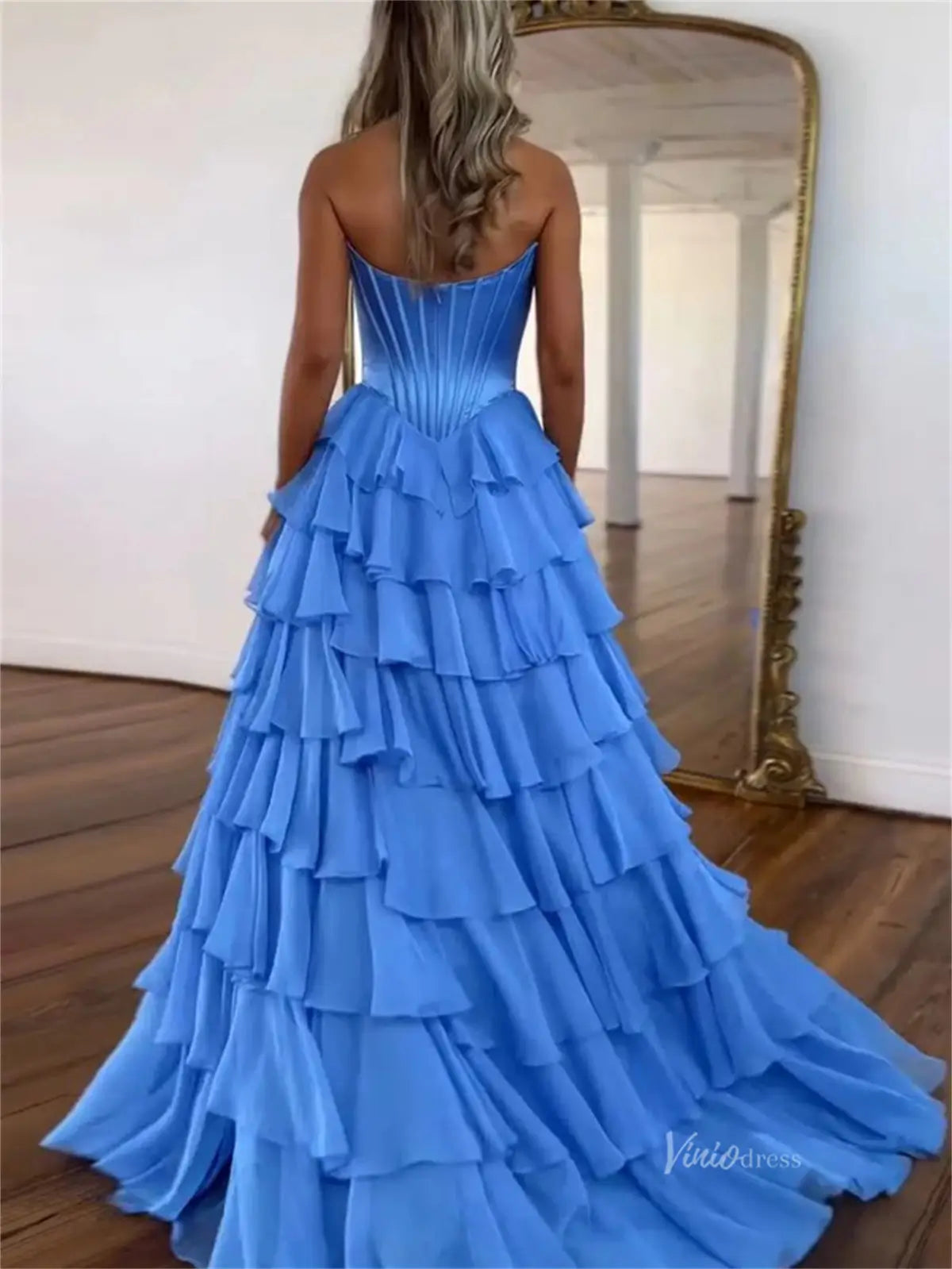 Strapless Chiffon Tiered Prom Dress with Slit & Lace Sweetheart Neckli Viniodress Strapless Chiffon Tiered Prom Dress with Slit & Lace Sweetheart Neckli Viniodress