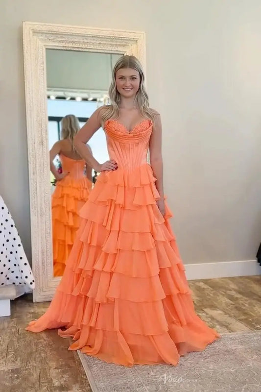 Strapless Chiffon Tiered Prom Dress with Slit & Lace Sweetheart Neckline – RF301-prom dresses 2026-Viniodress-Orange-Custom Size-