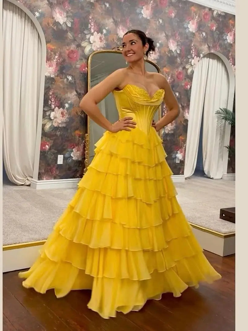 prom dresses 2025 Strapless Chiffon Tiered Prom Dress with Slit & Lace Sweetheart Neckline – Style FD3732-plus size wedding dresses Viniodress-Yellow-Custom Size-