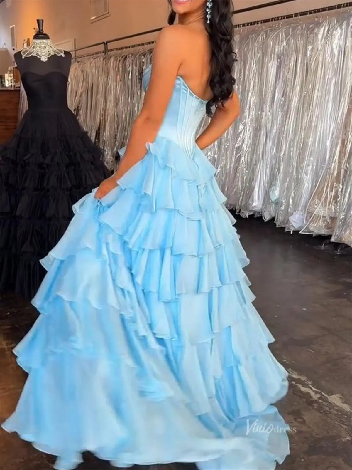 prom dresses 2025 Strapless Chiffon Tiered Prom Dresses with Slit & Sweetheart Neck - FD3732-plus size wedding dresses Viniodress-Light Blue-Custom Size-