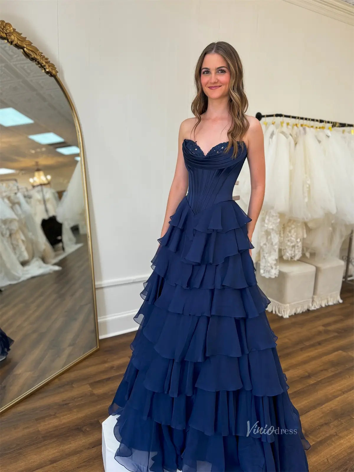 prom dresses 2025 Strapless Chiffon Tiered Prom Dresses with Slit & Sweetheart Neck - FD3732-plus size wedding dresses Viniodress-Navy Blue-Custom Size-