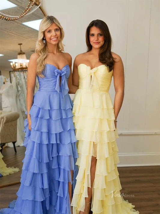 Strapless Chiffon Tiered Prom Dresses with Slit, Sweetheart Neck & Pleated Bodice - FD3754-prom dresses 2025 -Viniodress-Yellow-Custom Size-
