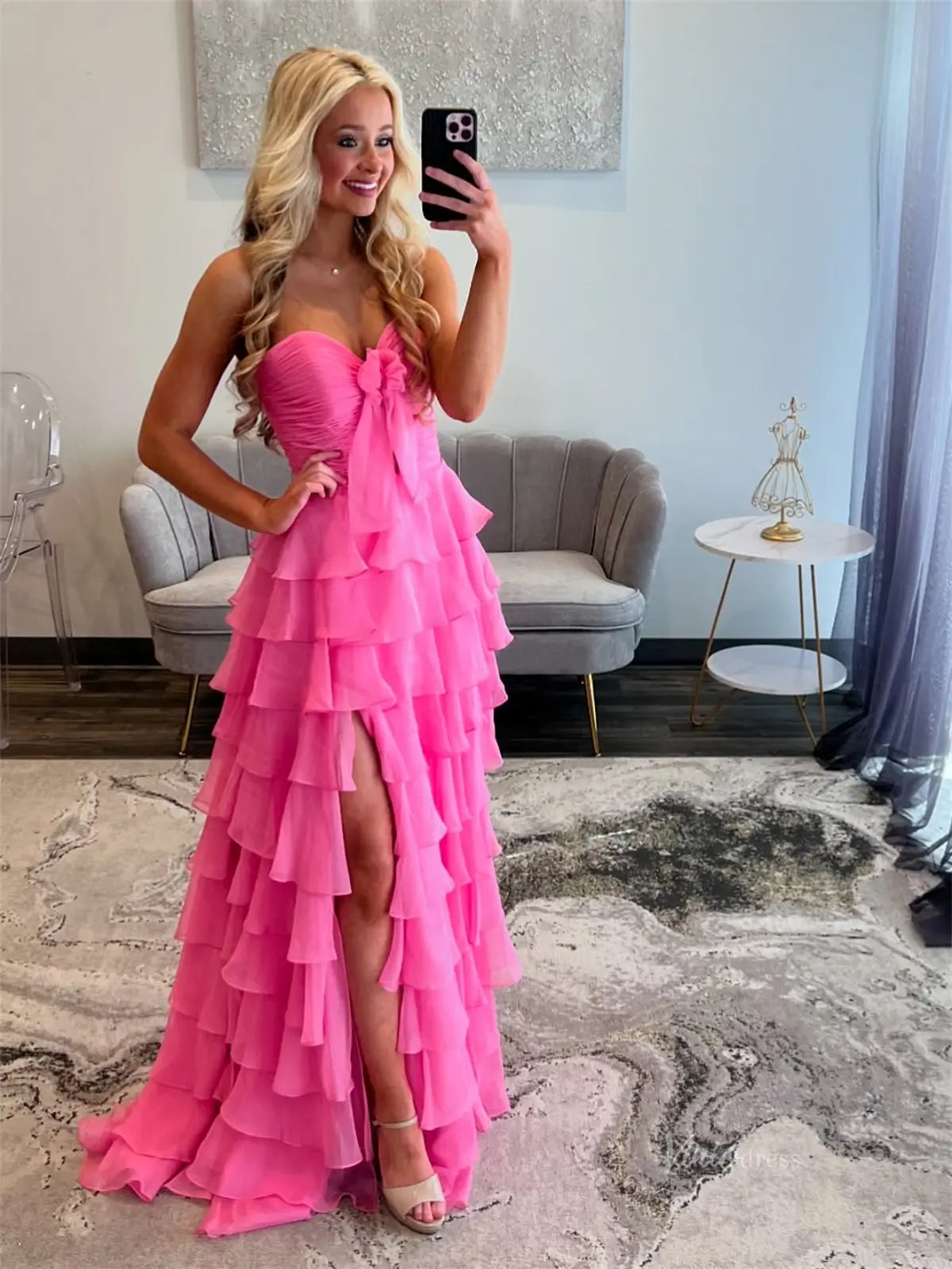 prom dresses 2025 Strapless Chiffon Tiered Prom Dresses with Slit, Sweetheart Neck & Pleated Bodice - FD3754-plus size wedding dresses Viniodress-Hot Pink-Custom Size-