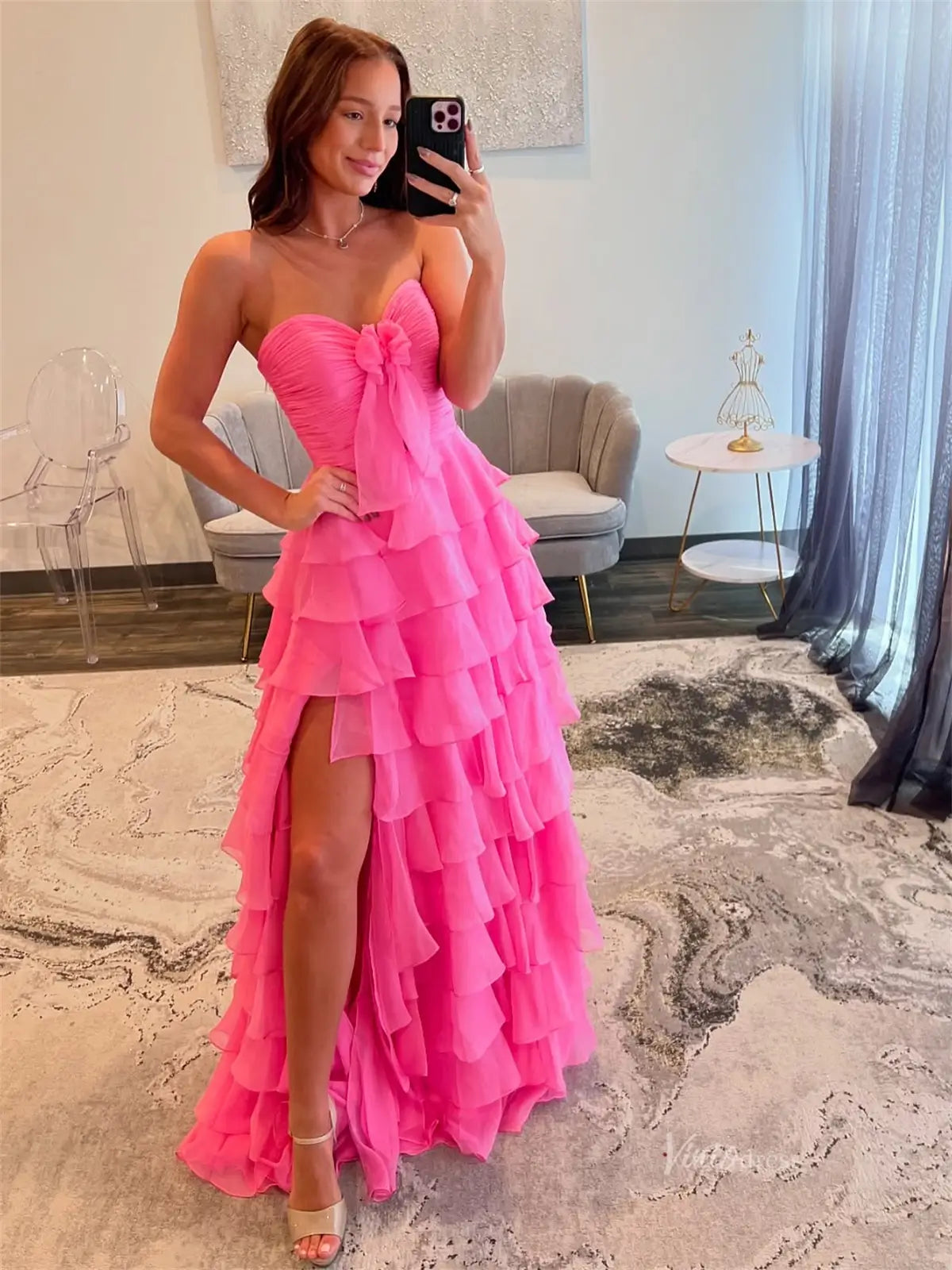 prom dresses 2025 Strapless Chiffon Tiered Prom Dresses with Slit, Sweetheart Neck & Pleated Bodice - FD3754-plus size wedding dresses Viniodress-Hot Pink-Custom Size-