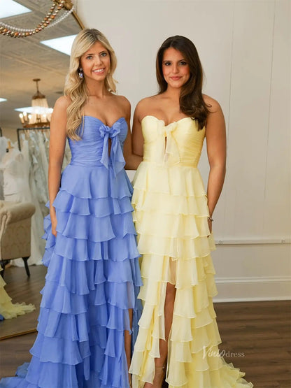 Strapless Chiffon Tiered Prom Dresses with Slit, Sweetheart Neck & Pleated Bodice - FD3754-prom dresses 2025 -Viniodress-Yellow-Custom Size-
