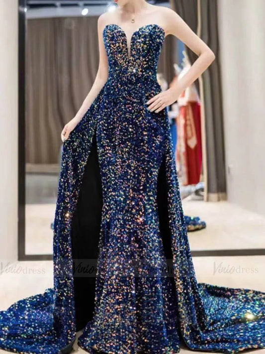 Strapless Colorful Sequin Prom Dresses with Detachable Train FD1615-prom dresses 2025 -Viniodress-Blue-Custom Size-