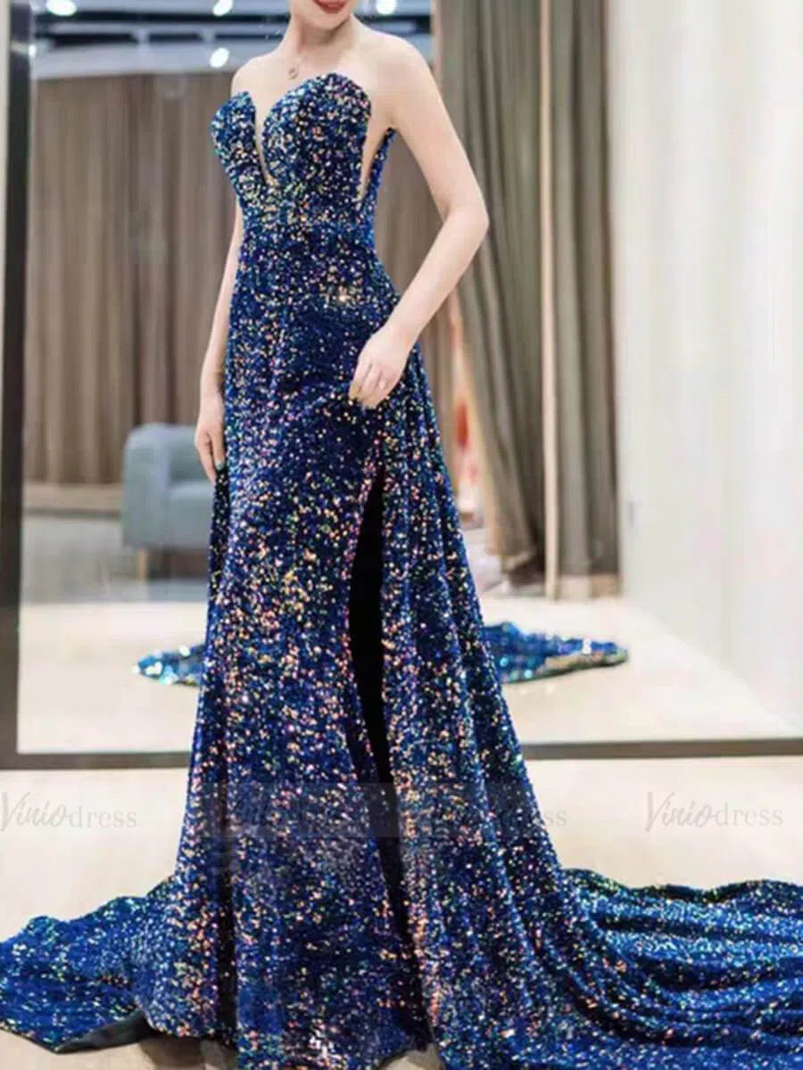 Prom Dress 2025 Strapless Colorful Sequin Prom Dresses with Detachable Train FD1615-unique prom dresses-Blue-Custom Size-Viniodress