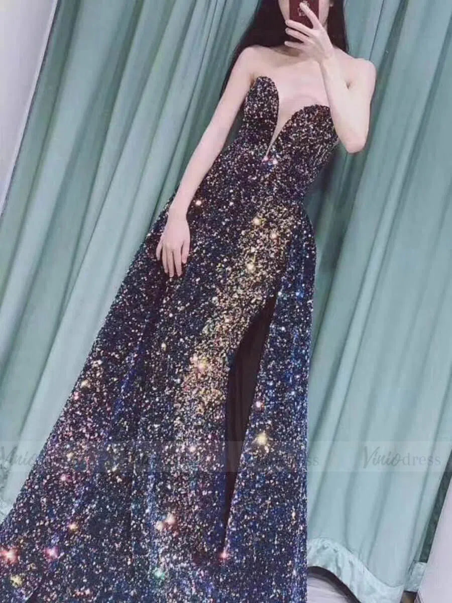 Prom Dress 2025 Strapless Colorful Sequin Prom Dresses with Detachable Train FD1615-unique prom dresses-Blue-Custom Size-Viniodress