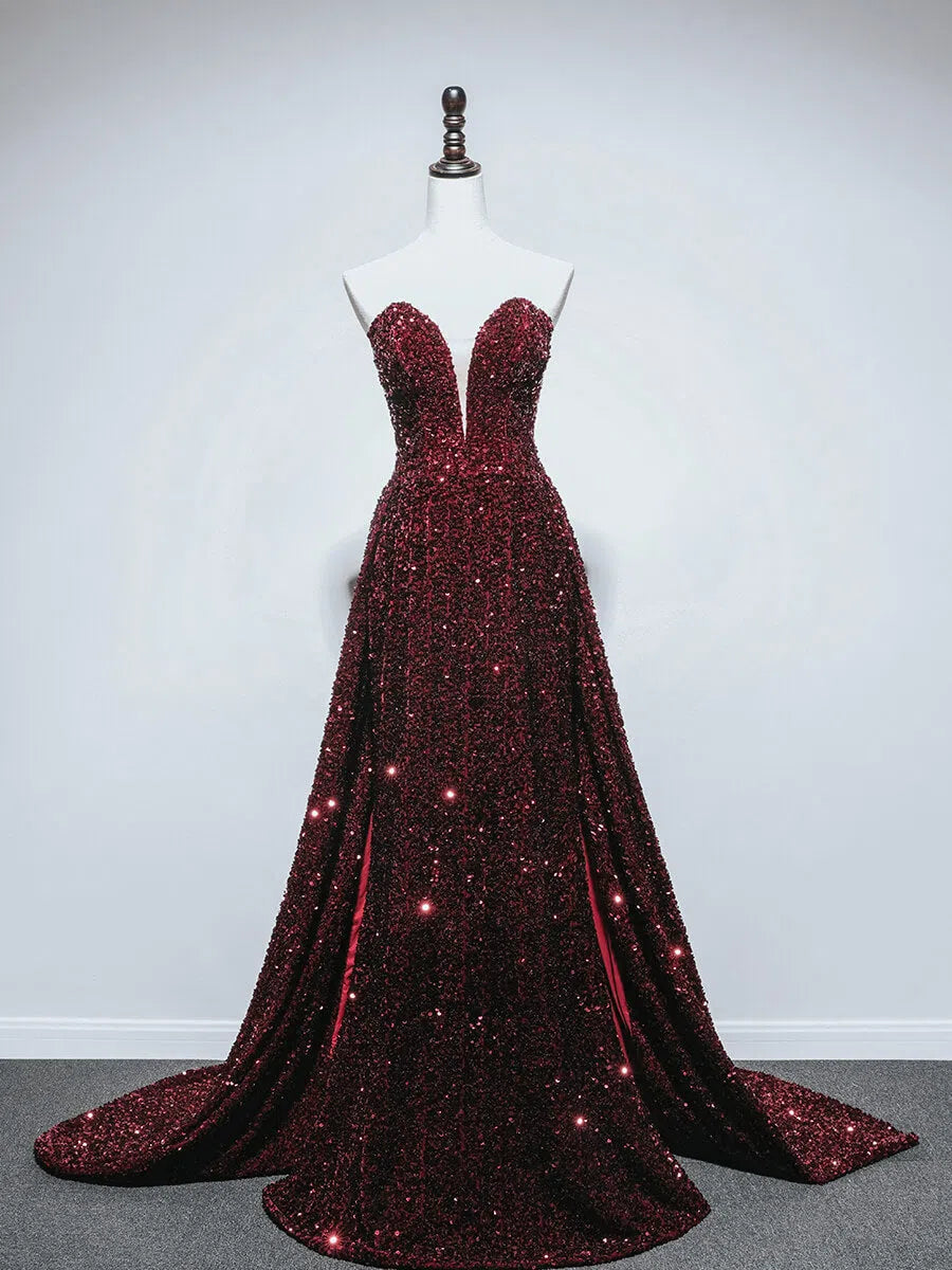 Prom Dress 2025 Strapless Colorful Sequin Prom Dresses with Detachable Train FD1615-unique prom dresses-Burgundy-Custom Size-Viniodress