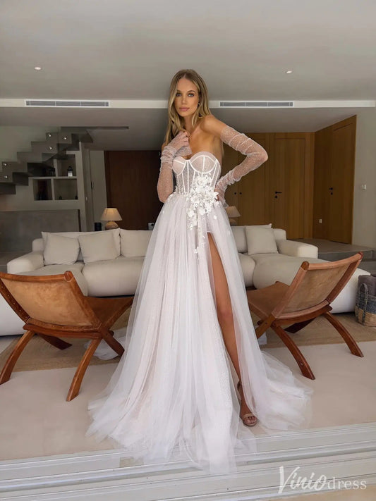 Strapless Corset Tulle Wedding Dress with Slit & 3D Floral Appliqué – VW2552-wedding dresses 2025 -Viniodress-White-Custom Size-