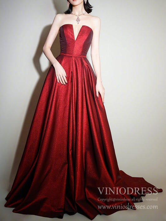 Strapless Dark Red Long Prom Dresses Sparkly A-line Evening Dress FD2000-prom dresses 2025 -Viniodress-Dark Red-Custom Size-