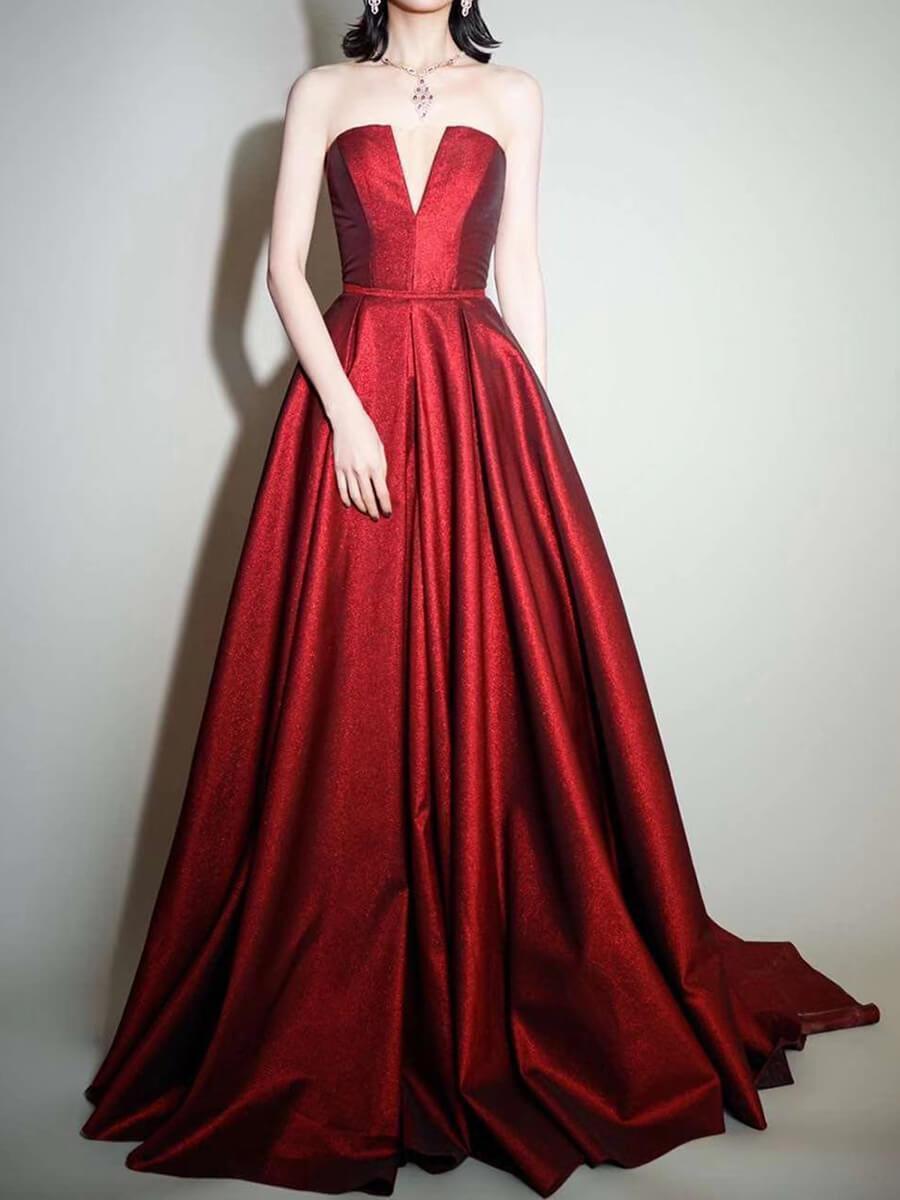 Prom Dress 2025 Strapless Dark Red Long Prom Dresses Sparkly A-line Evening Dress FD2000-unique prom dresses-Dark Red-Custom Size-Viniodress