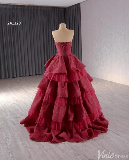 Strapless Dark Red Tiered Ball Gown Prom Dress Ruffled Lace Wedding Dresses 241120-Quinceanera Dresses 2025 -Viniodress-Red-Custom Size-