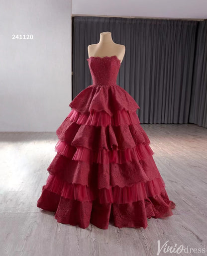 Strapless Dark Red Tiered Ball Gown Prom Dress Ruffled Lace Wedding Dresses 241120-Quinceanera Dresses 2025 -Viniodress-Red-Custom Size-