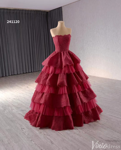Strapless Dark Red Tiered Ball Gown Prom Dress Ruffled Lace Wedding Dresses 241120-Quinceanera Dresses 2025 -Viniodress-Red-Custom Size-