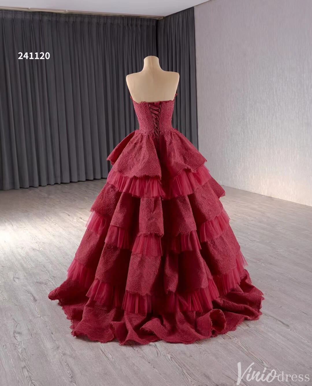 Strapless Dark Red Tiered Ball Gown Prom Dress Ruffled Lace Wedding Dresses 241120 - ViniodressQuinceanera DressesRedCustom Size - Formal Dresses - Ball Gowns