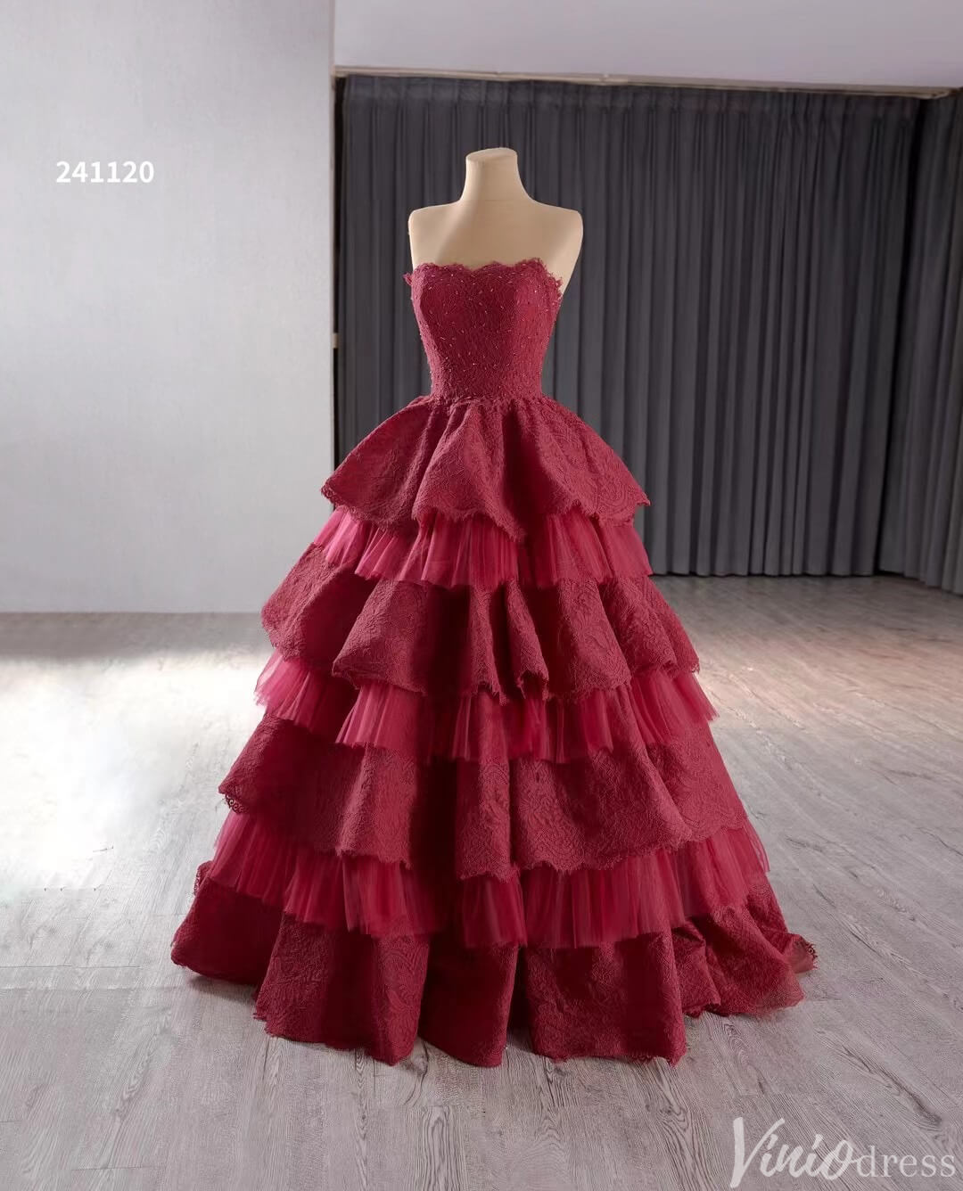 Strapless Dark Red Tiered Ball Gown Prom Dress Ruffled Lace Wedding Dresses 241120-Quinceanera Dresses-Viniodress-Viniodress