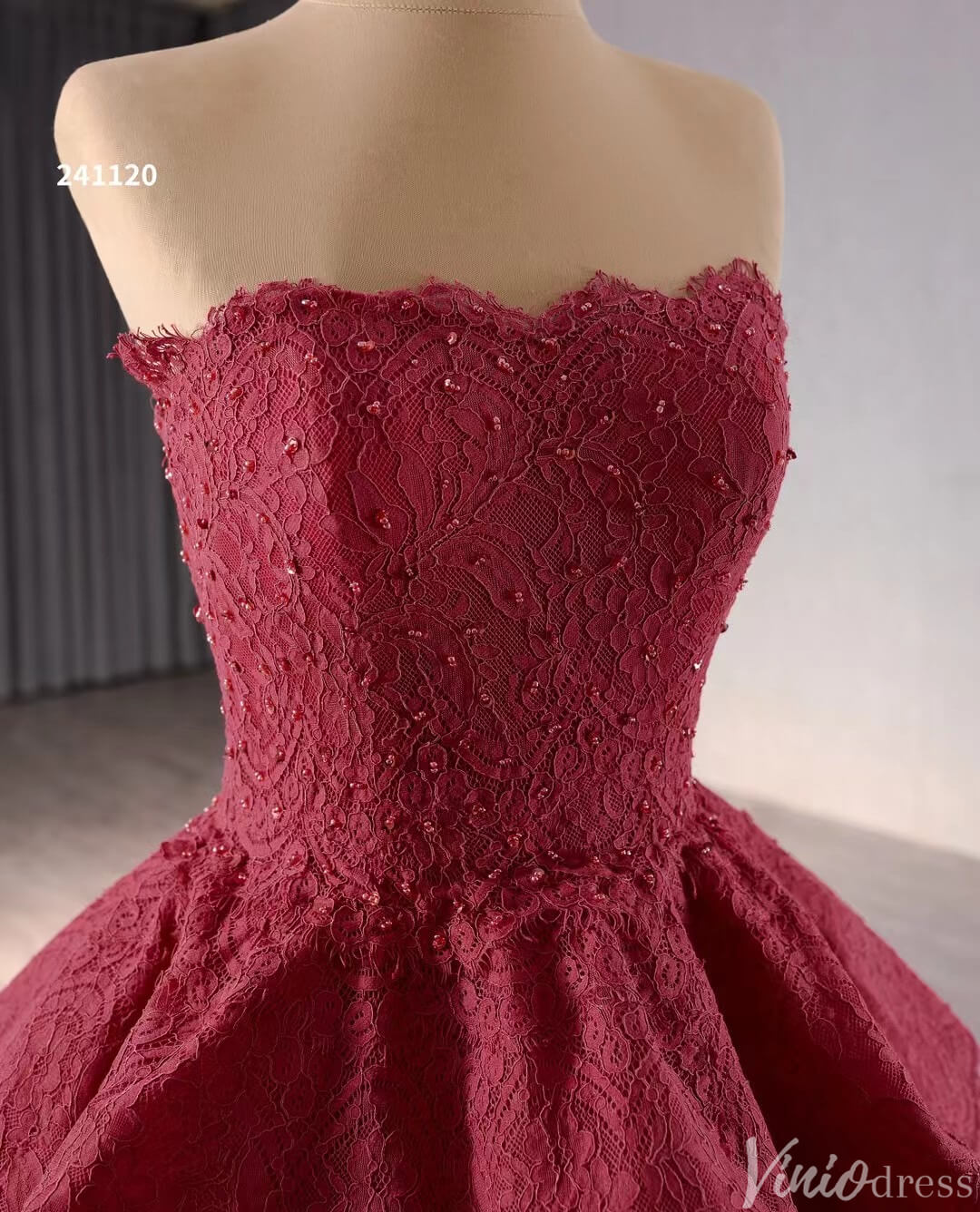 Strapless Dark Red Tiered Ball Gown Prom Dress Ruffled Lace Wedding Dresses 241120-Quinceanera Dresses-Viniodress-Viniodress