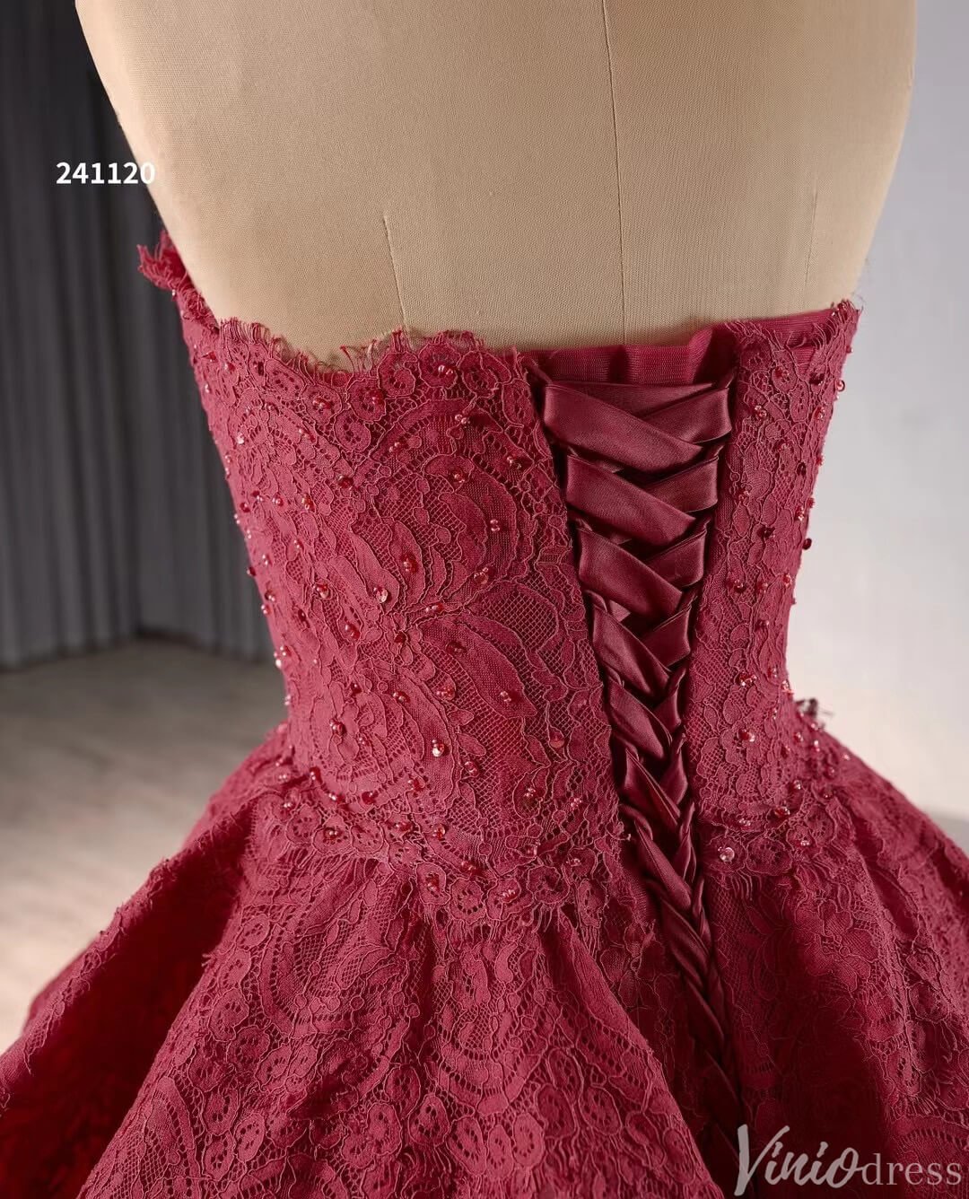 Strapless Dark Red Tiered Ball Gown Prom Dress Ruffled Lace Wedding Dresses 241120 - ViniodressQuinceanera DressesRedCustom Size - Formal Dresses - Ball Gowns