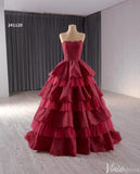 Strapless Dark Red Tiered Ball Gown Prom Dress Ruffled Lace Wedding Dresses 241120-Quinceanera Dresses-Viniodress-Viniodress