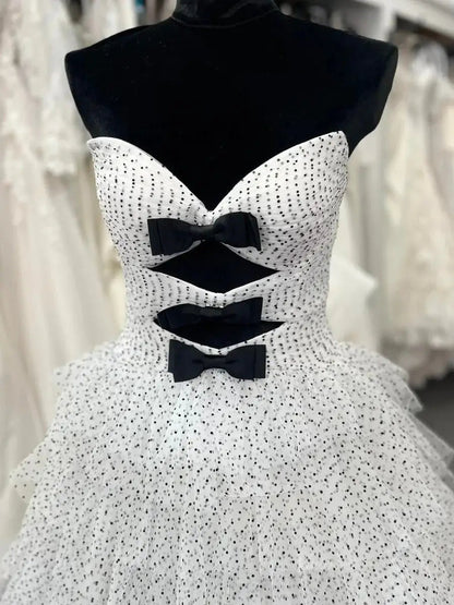 Strapless Dotted Tulle Prom Dresses with Slit Ruffled Bow Tie Formal Dresses - FD3701-prom dresses 2025 -Viniodress-Blue-Custom Size-